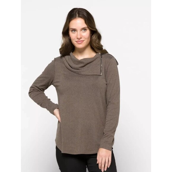 Fortune & Ivy Women's Med Brown Zipper Detail Cowl Neck Pullover Top NWOT - Picture 1 of 4